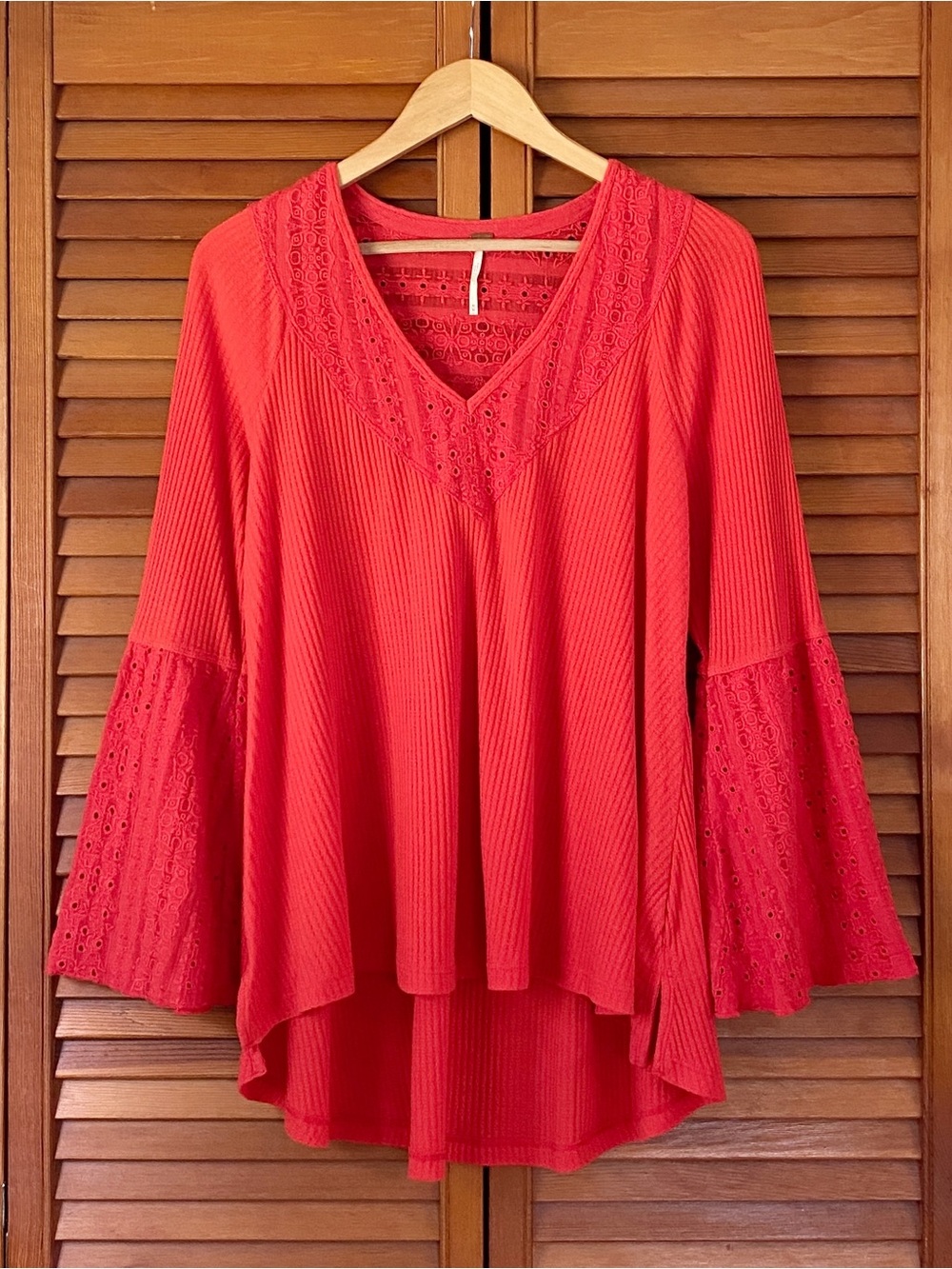 Free People Top Women's Size Medium Waffle Knit Embroidered Parisian Nights Red
